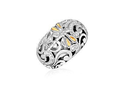 18k Yellow Gold & Sterling Silver Dragonfly Ring WIth Diamonds