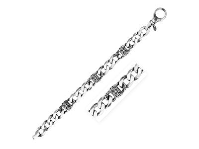 Gunmetal Finish Sterling Silver Cuban Link Bracelet with Floral Motifs