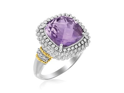18k Yellow Gold and Silver Amethyst and Diamond Popcorn Ring