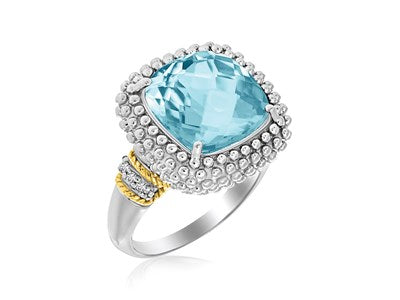 18k Yellow Gold and Silver Blue Topaz and Diamond Popcorn Ring