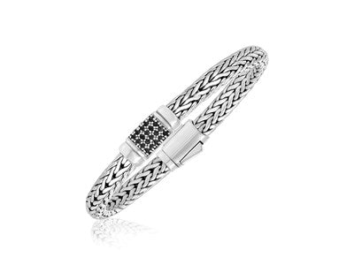 Sterling Silver Wheat Bracelet with Black Sapphires