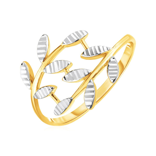 14k Two Tone Gold Crossover Ring with Textured Leaves Motif