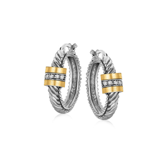 18k Yellow Gold and Silver Diamond Italian Cable Hoop Earrings