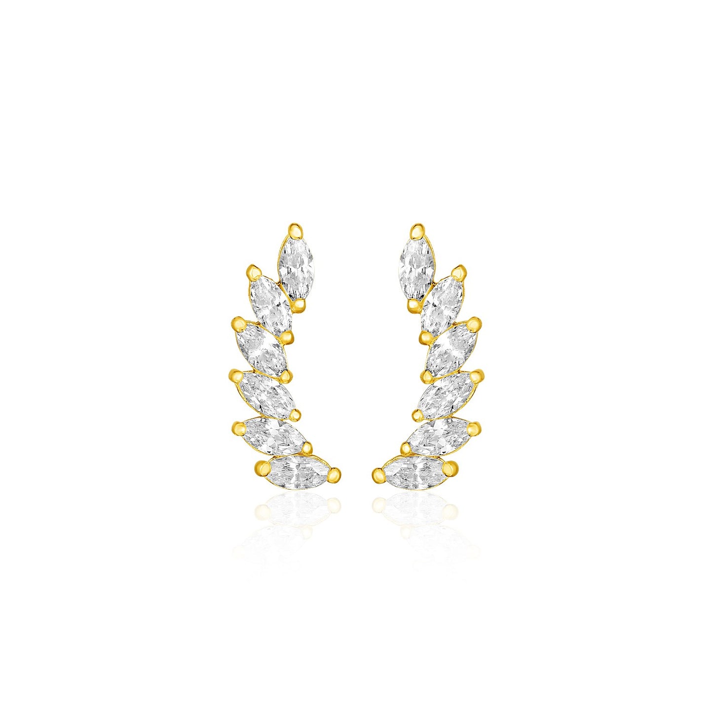 14k Yellow Gold Leaf Motif Cubic Zirconia Climber Post Earrings