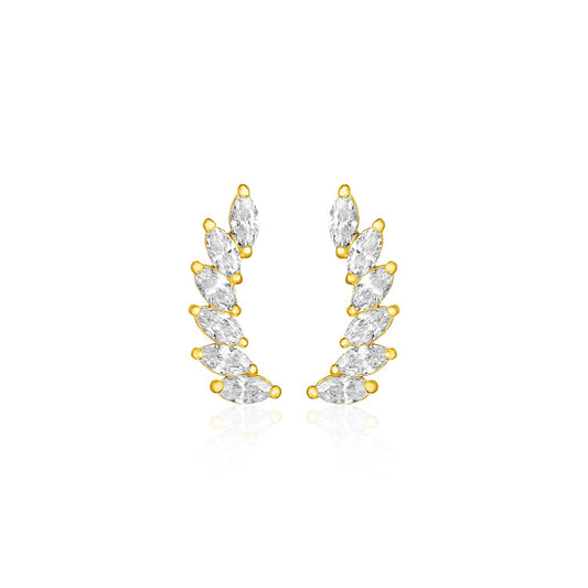 14k Yellow Gold Leaf Motif Cubic Zirconia Climber Post Earrings