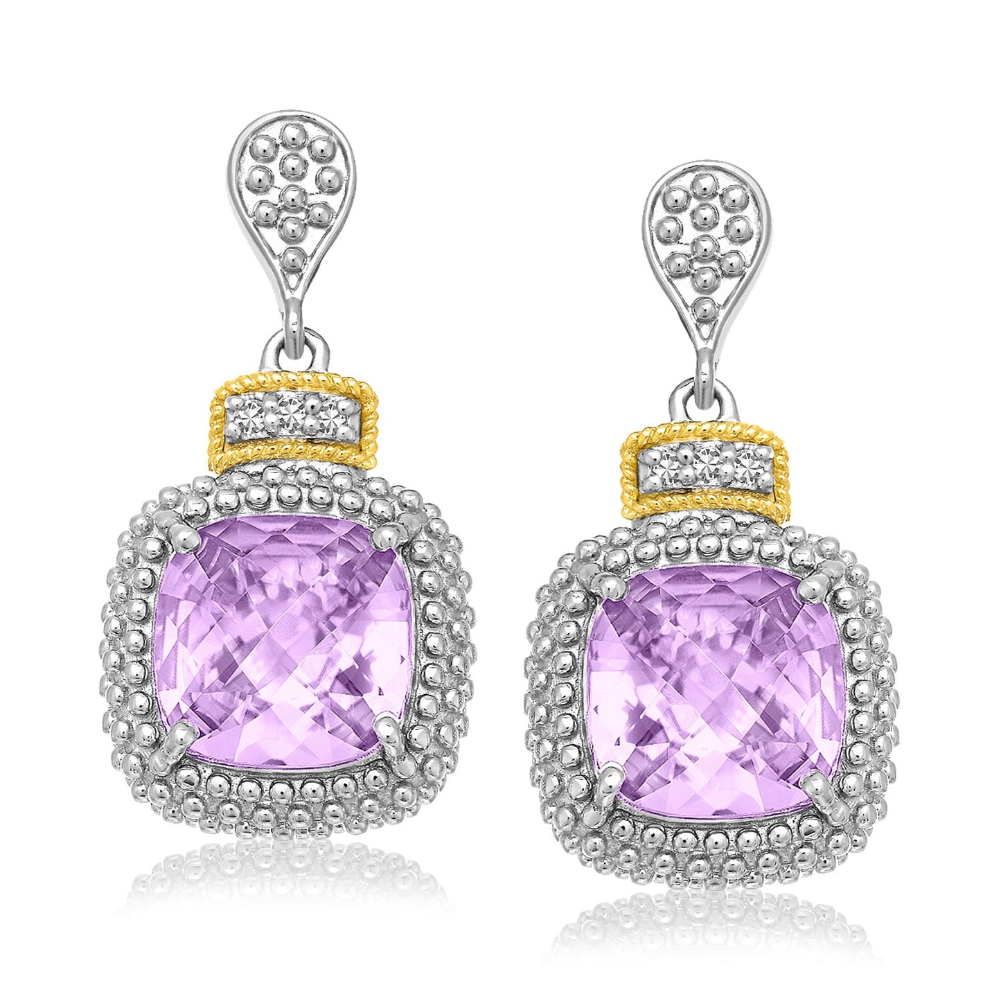 18k Yellow Gold & Sterling Silver Amethyst & Diamond Earrings