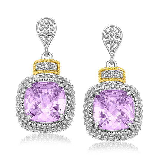 18k Yellow Gold & Sterling Silver Amethyst & Diamond Earrings