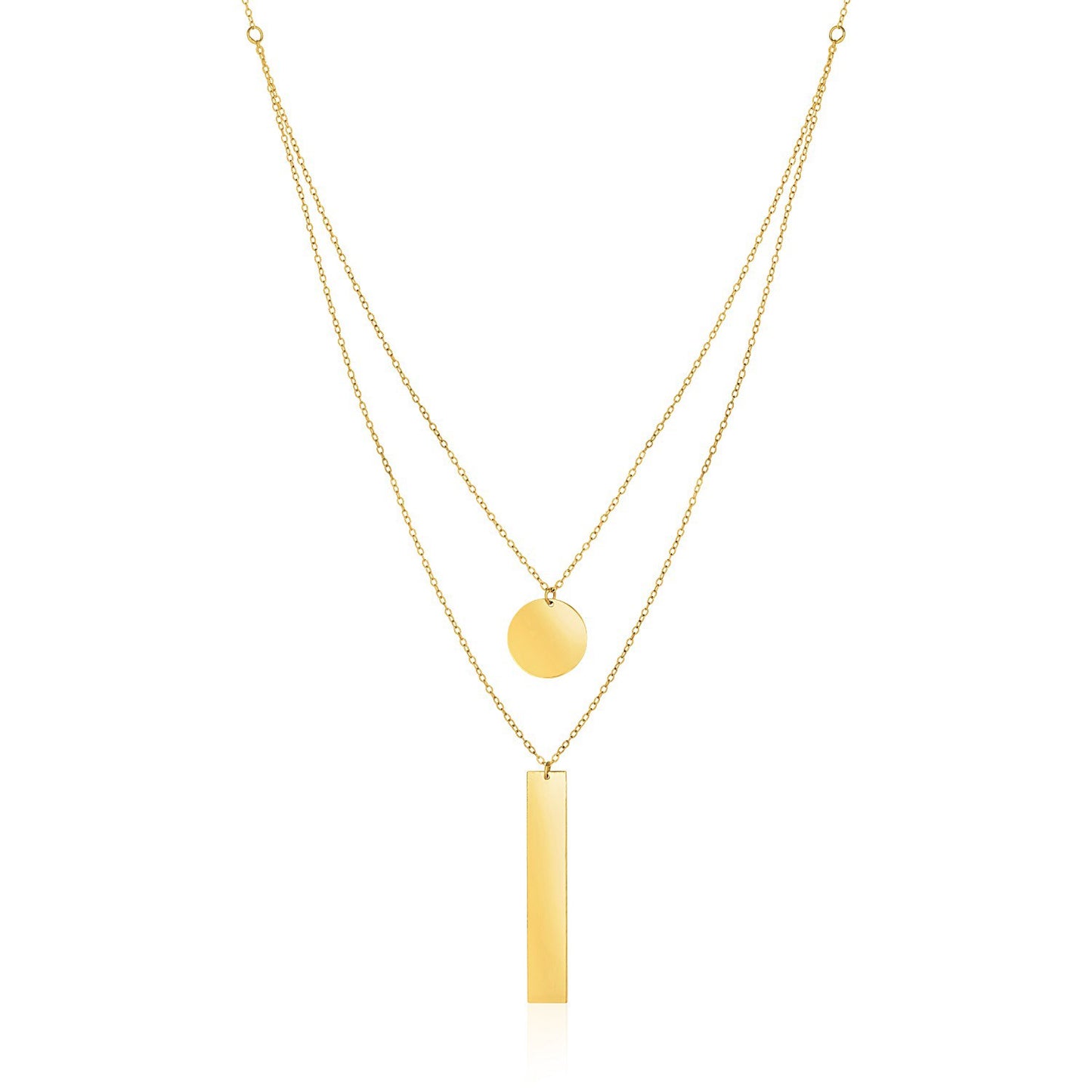 14k Yellow Gold Two Strand Necklace with Circle and Bar Pendants