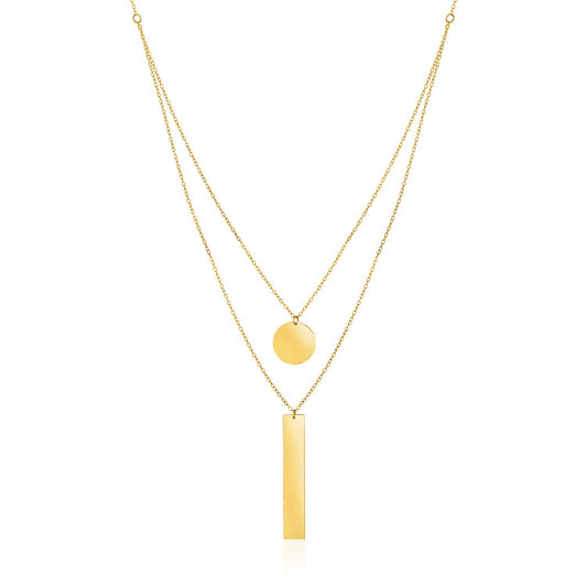 14k Yellow Gold Two Strand Necklace with Circle and Bar Pendants