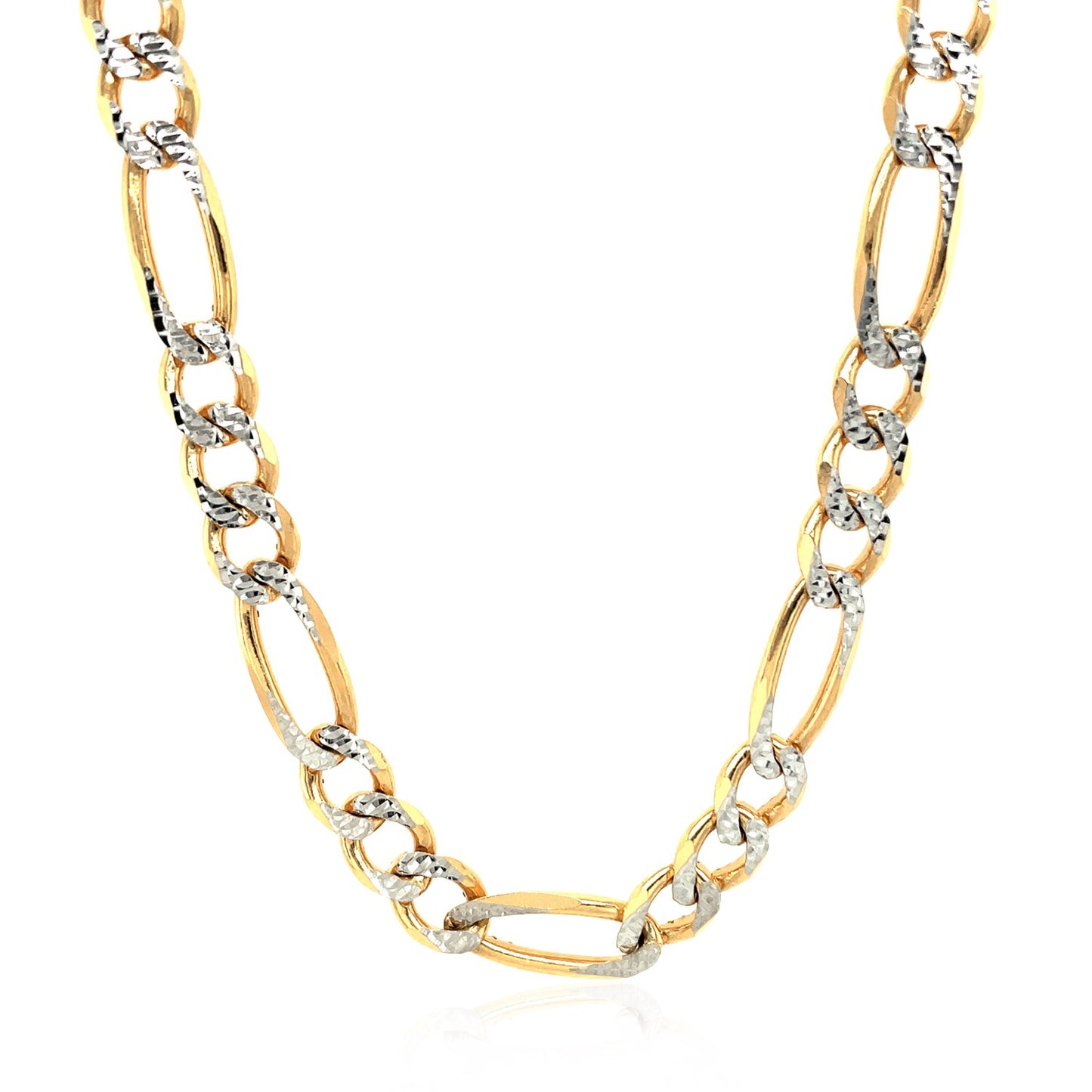 14K Two Tone Gold White Paved Solid Figaro Chain