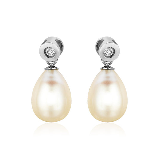 Sterling Silver Pear Shaped Pearl Earrings with Cubic Zirconias