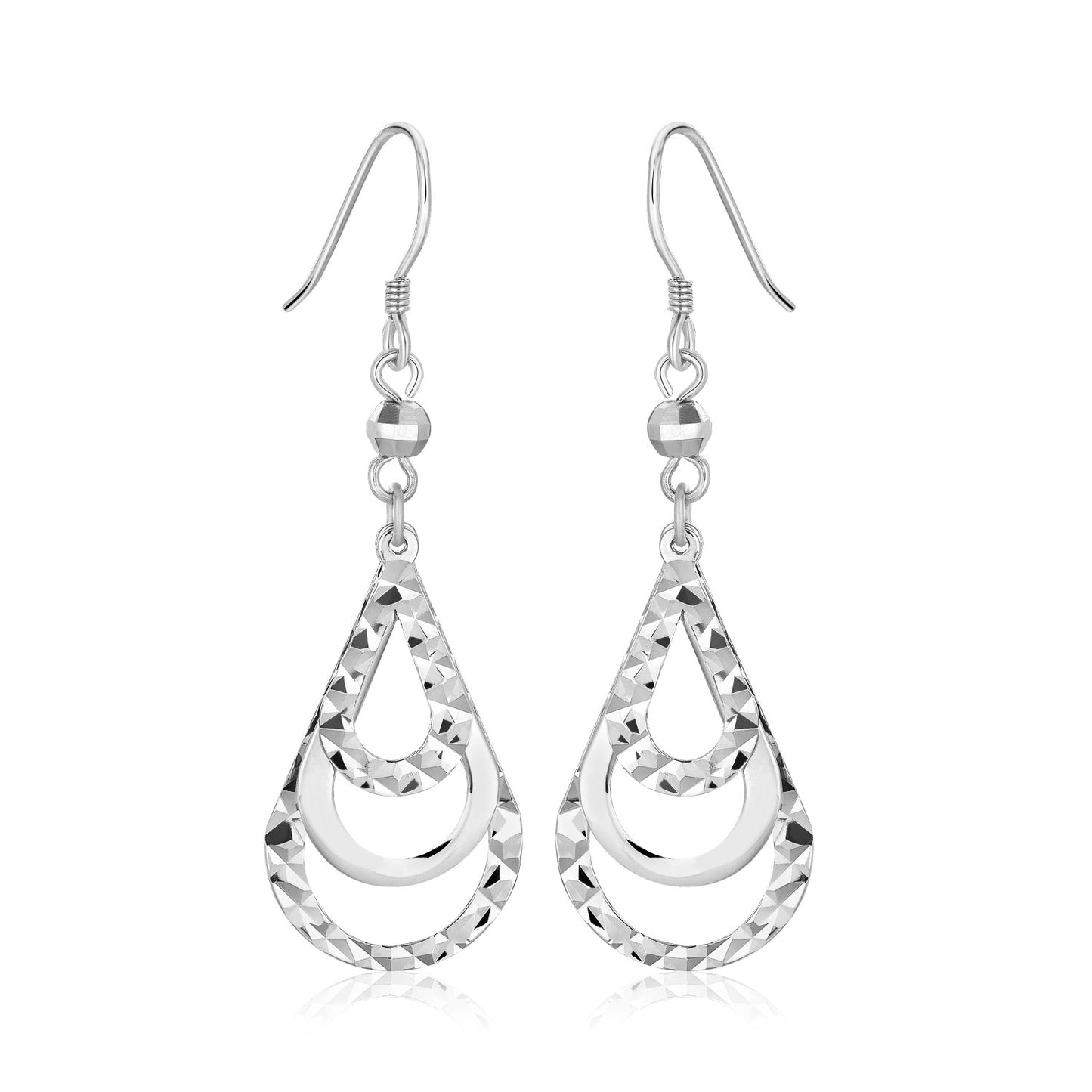 Sterling Silver Textured Graduated Open Teardrop Drop Earrings