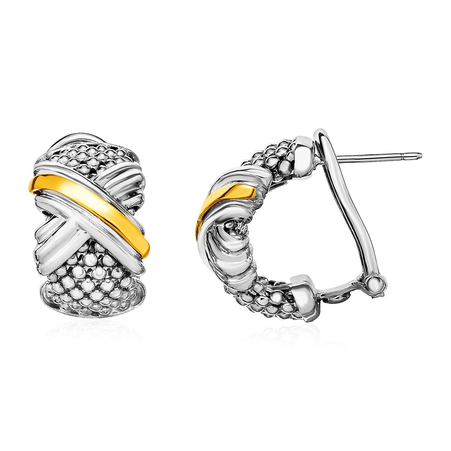 18k Yellow Gold and Sterling Silver Popcorn Texture Earrings with X Motif