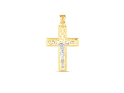 14k Two Tone Gold High Polish Diamond Cut Cross Pendant