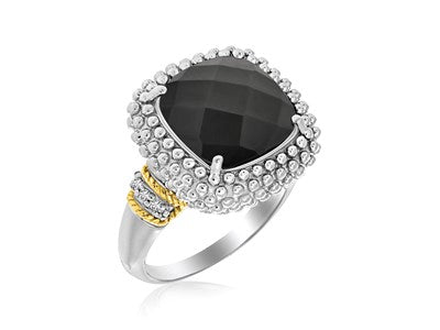 18k Gold and Silver Black Onyx and Diamond Popcorn Ring