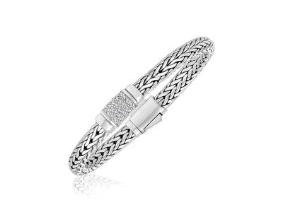 Sterling Silver Wheat Bracelet with White Sapphires (6.35 mm)