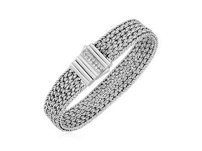 Sterling Silver Woven Rope Bracelet with White Sapphires Accented Clasp (15.00 mm)