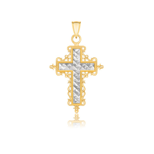 14k Two Tone Gold Diamond Cut Baroque Cross Pendant