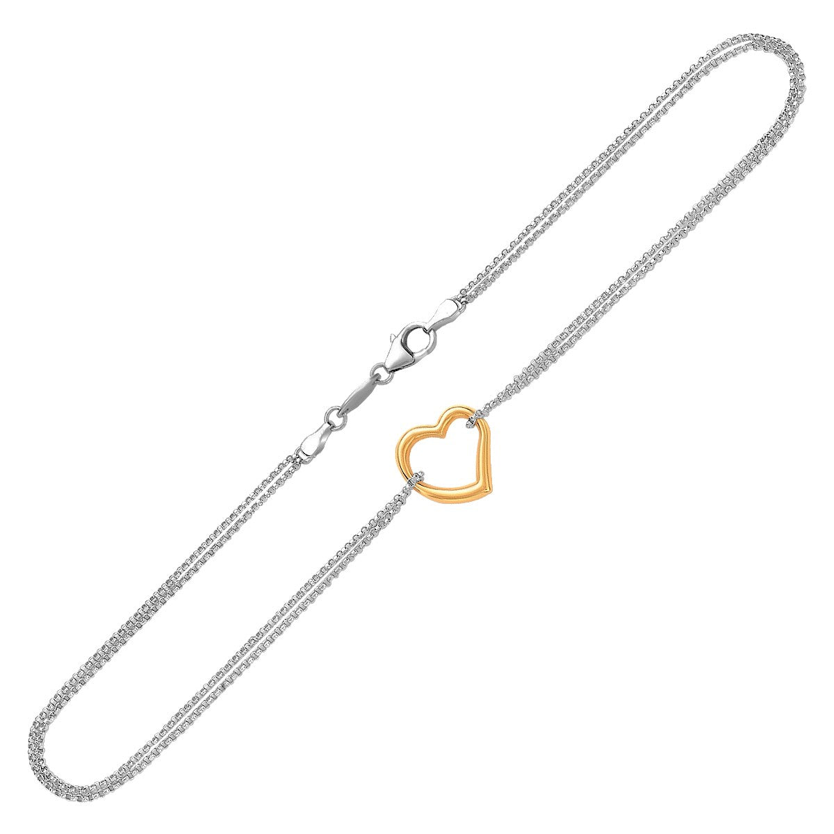 14k Yellow Gold and Sterling Silver Anklet with Single Open Heart Station