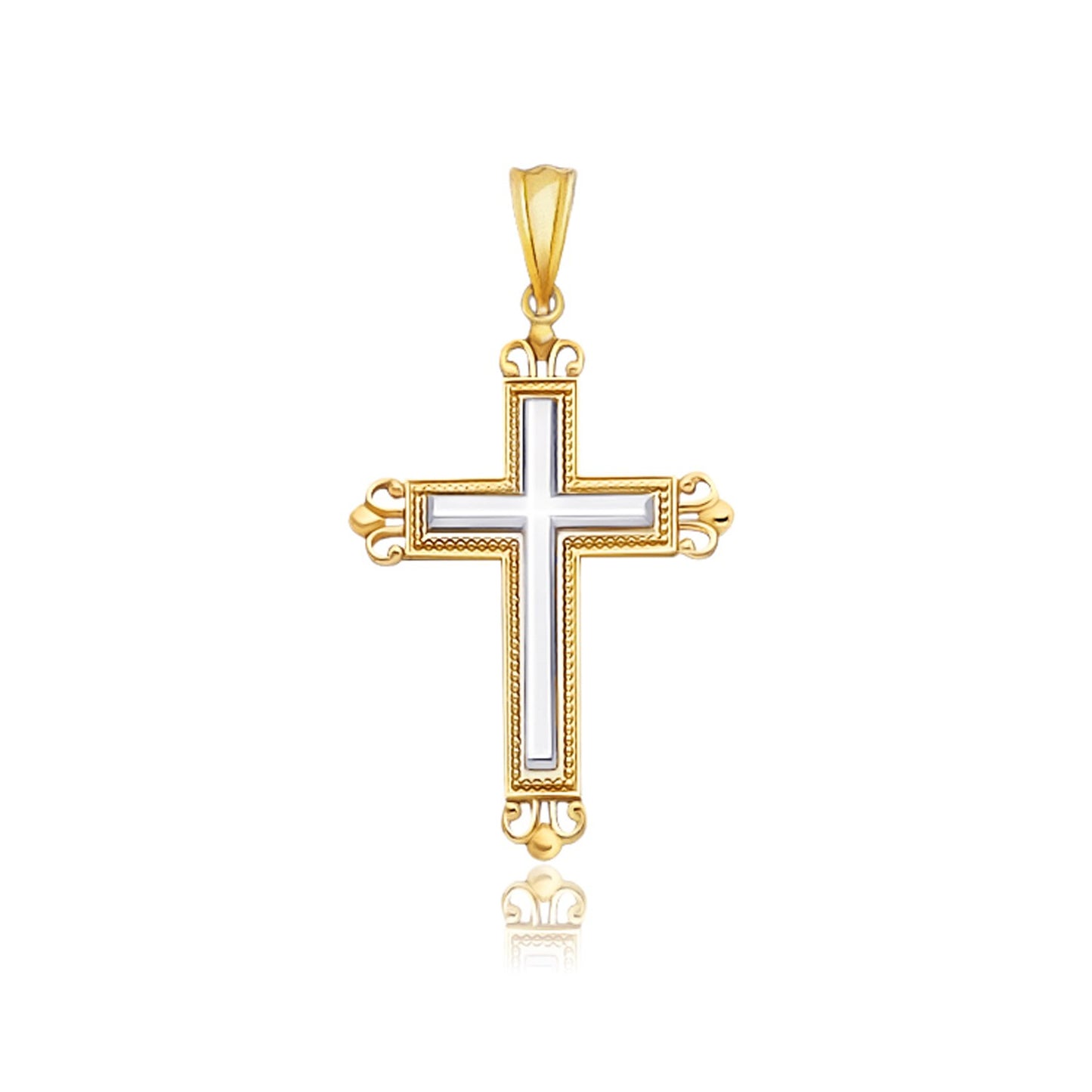 Ornate Budded Cross Pendant in 14k Two Tone Gold