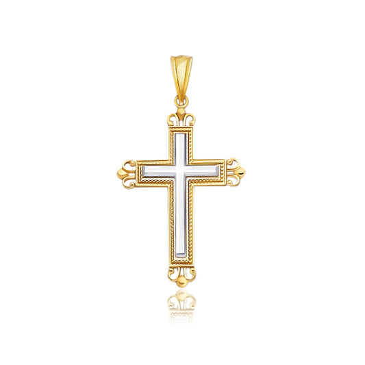 Ornate Budded Cross Pendant in 14k Two Tone Gold