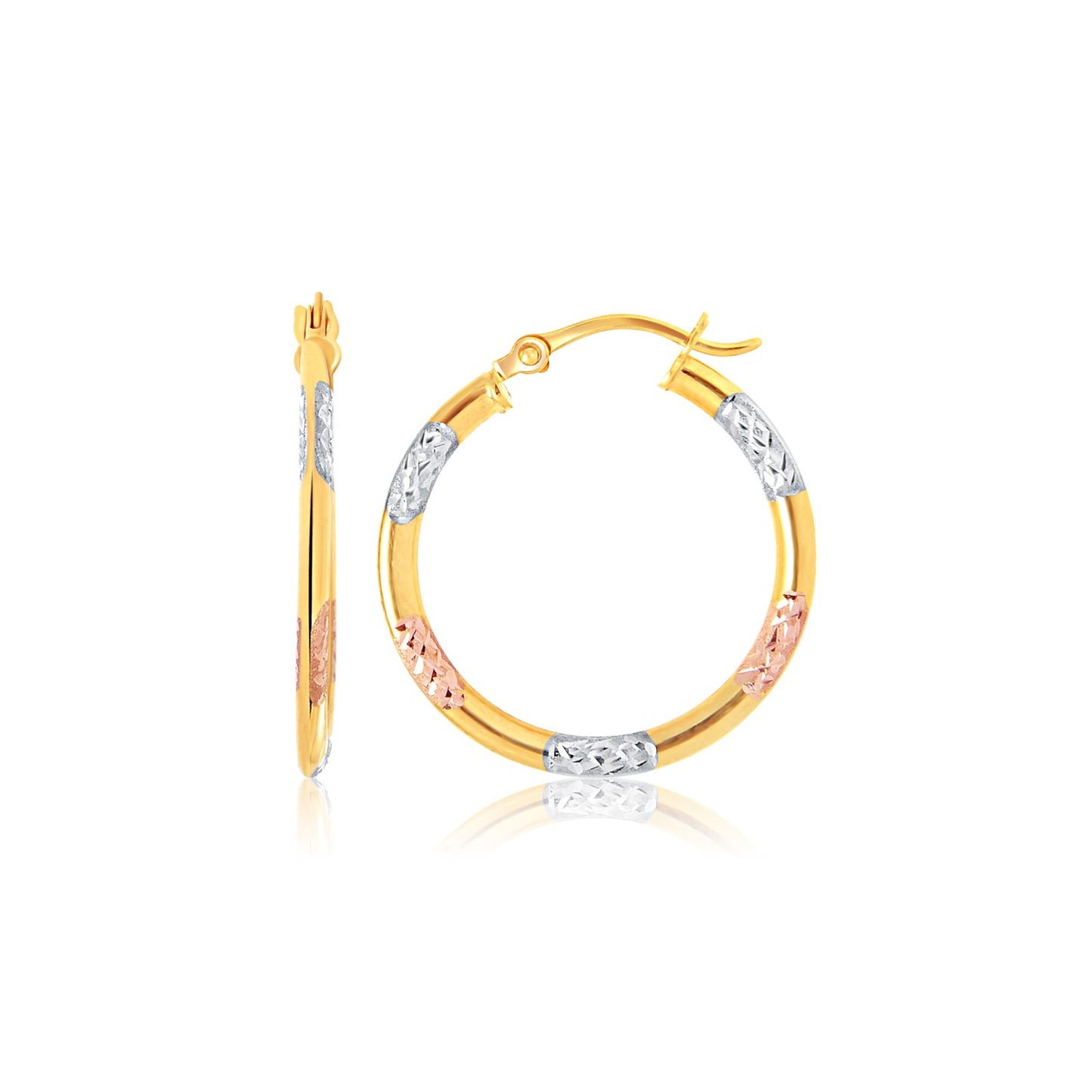 Tri Color Diamond Cut Hoop Earrings in 14k Gold