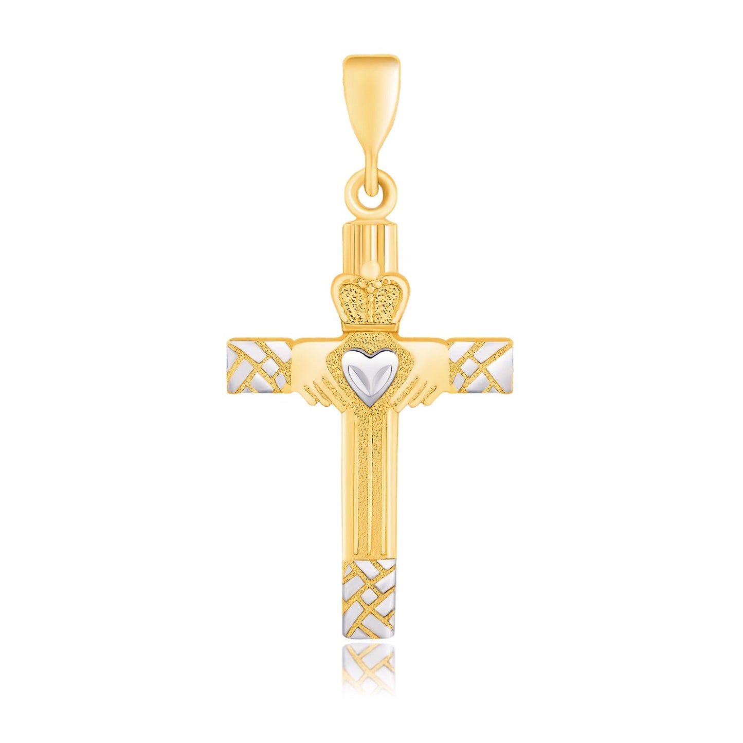 Claddagh Motif Cross Pendant in 14k Two Tone Gold