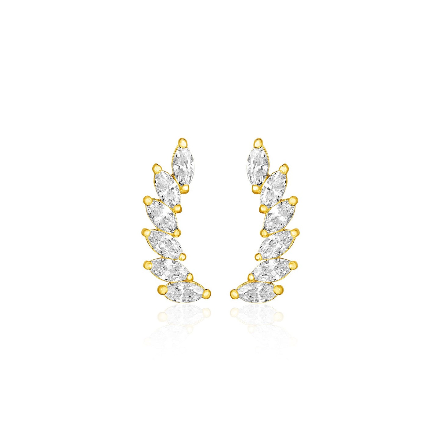 14k Yellow Gold Leaf Motif Cubic Zirconia Climber Post Earrings