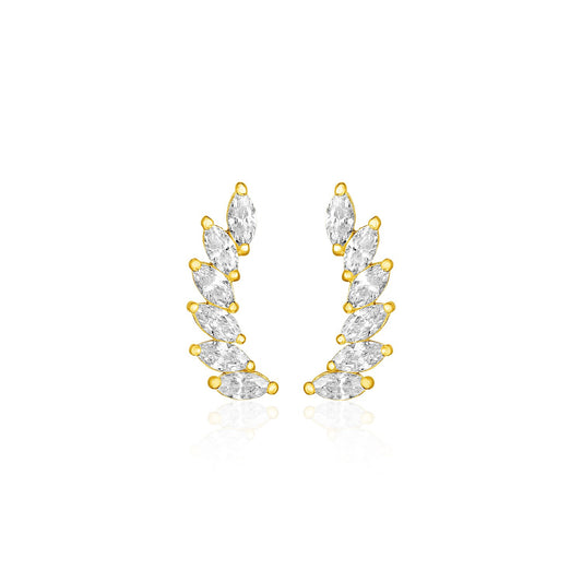 14k Yellow Gold Leaf Motif Cubic Zirconia Climber Post Earrings