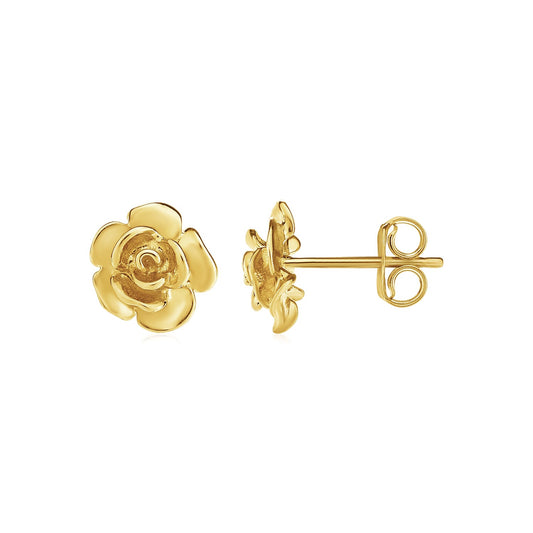 14k Yellow Gold Post Earrings with Rose Motif