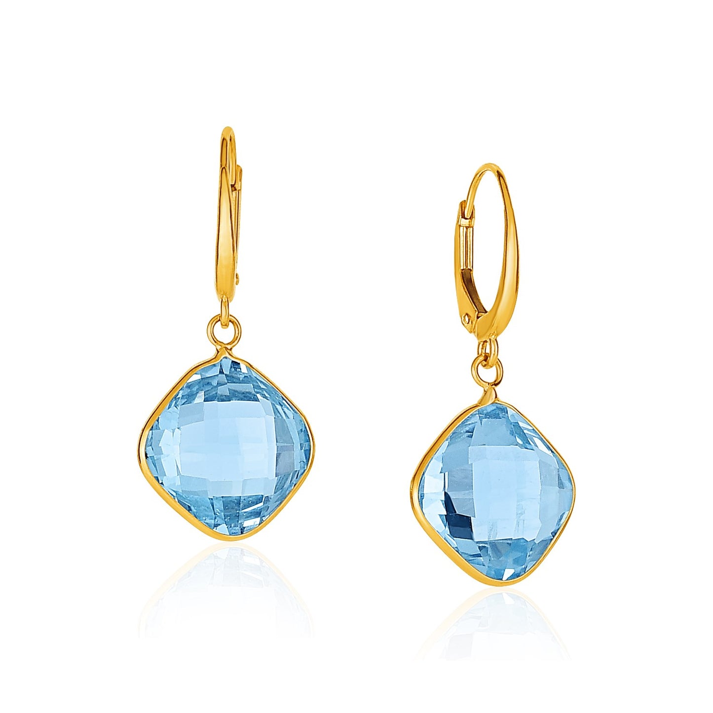 Blue Topaz Cushion Shaped Drop Earrings in 14k Yellow Gold