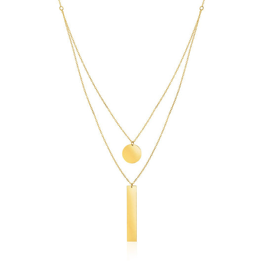 14k Yellow Gold Two Strand Necklace with Circle and Bar Pendants