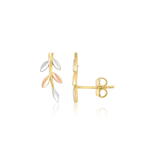 14k Tri Color Gold Sprig Climber Stud Earrings