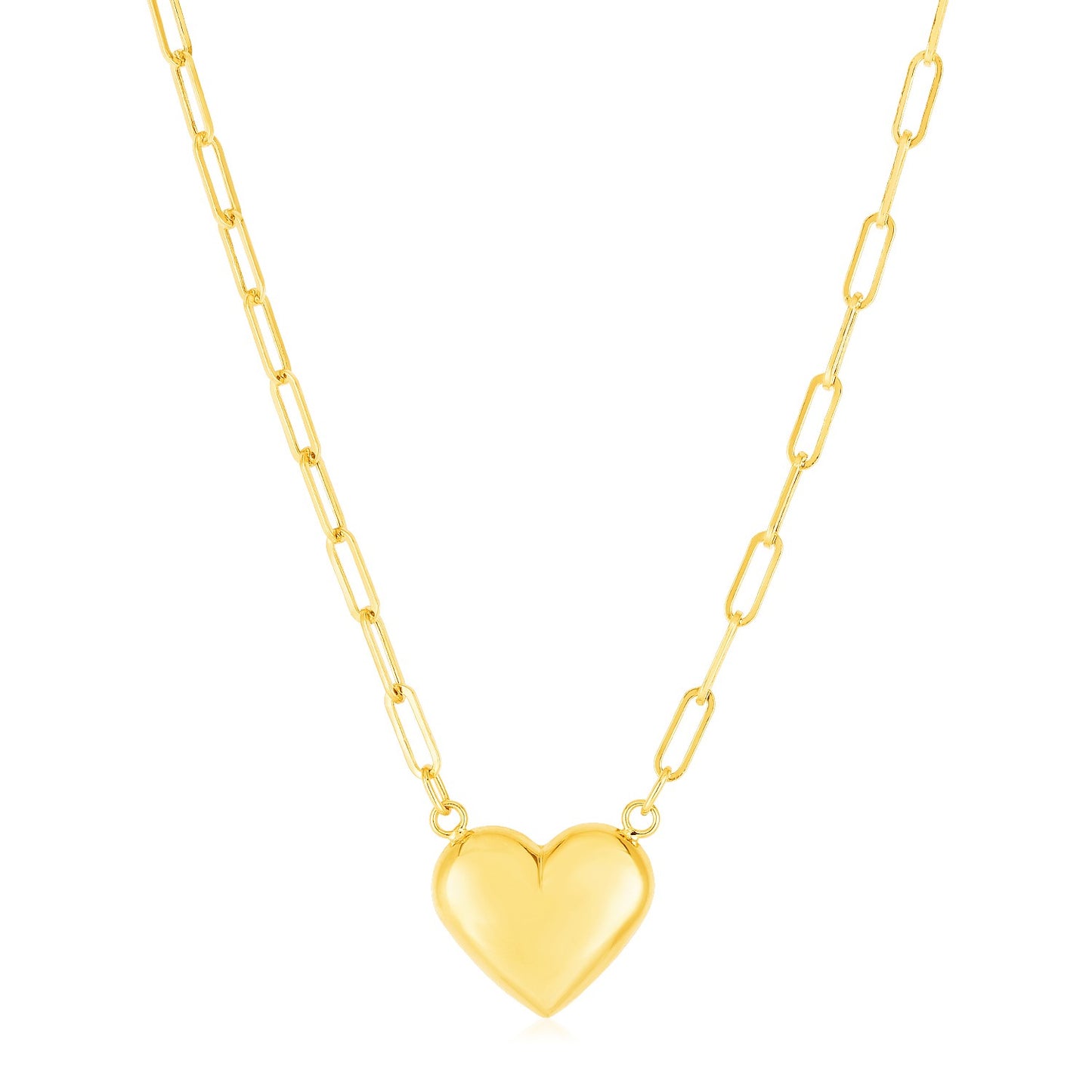 14k Yellow Gold Paperclip Necklace with Puffed Heart