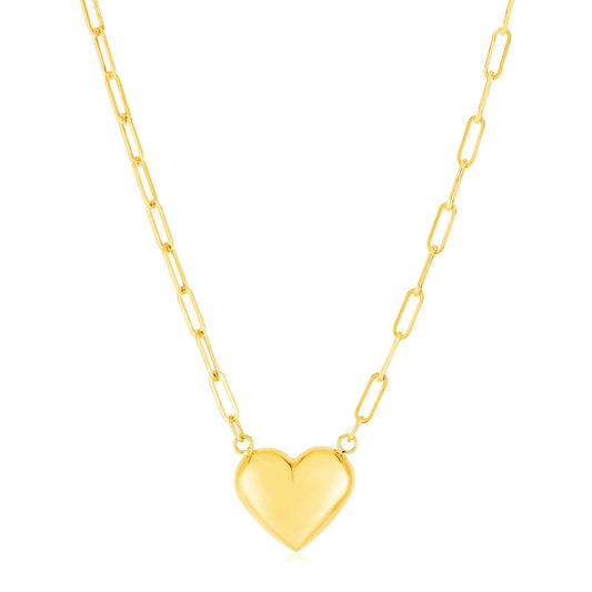 14k Yellow Gold Paperclip Necklace with Puffed Heart