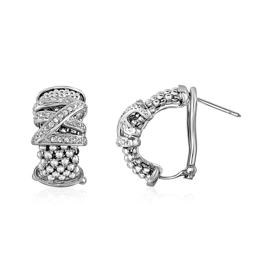 Sterling Silver Popcorn Texture Earrings with Crossover Diamond Motif