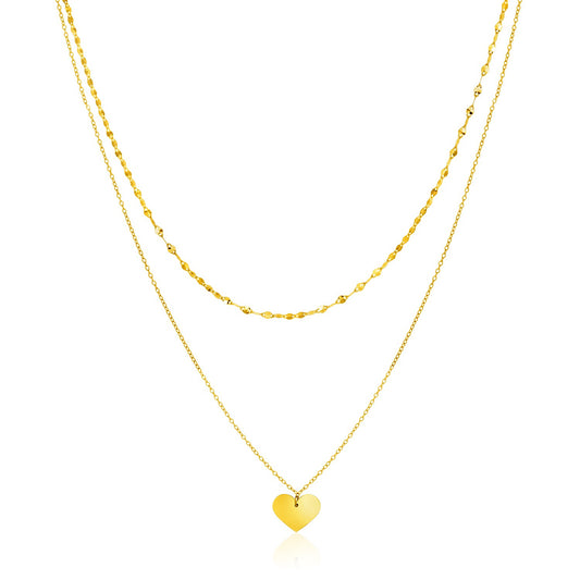 14k Yellow Gold Two Strand Necklace with Heart Pendant