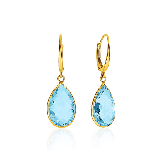 Blue Topaz Pear Shaped Drop Earrings in 14k Yellow Gold