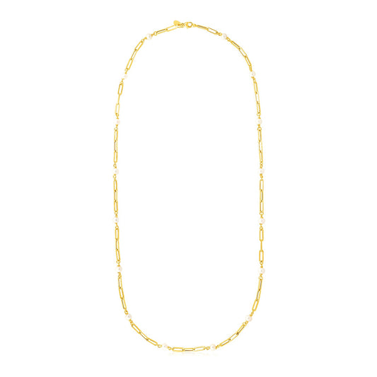 14k Yellow Gold Paperclip Pearl Necklace