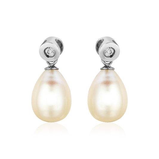 Sterling Silver Pear Shaped Freshwater Pearl Earrings with Cubic Zirconias