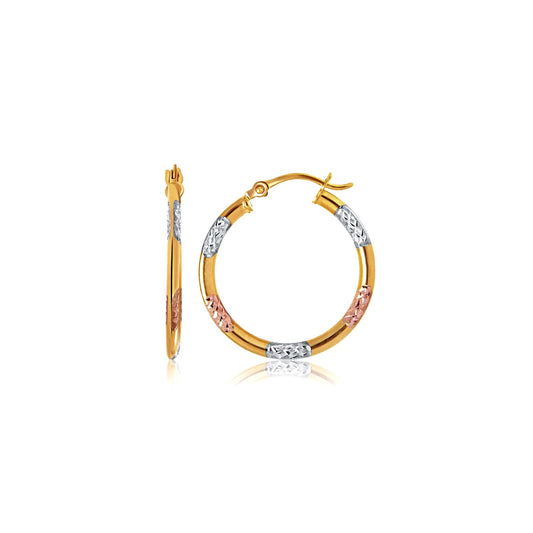 10k Tri Color Gold Diamond Cut Hoop Earrings