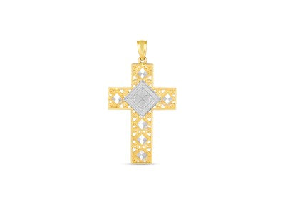 14k Yellow and White Gold Polished Diamond Cut Cross Pendant