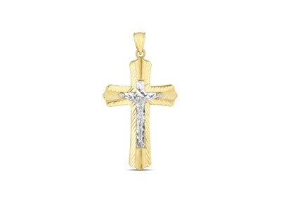 14k Two Tone Gold Diamond Cut Dual Cross Textured Pendant