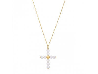 Pearl Cross Pendant in 14k Yellow Gold