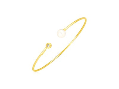 14k Yellow Gold Cuff Bangle with Pearl and Diamond