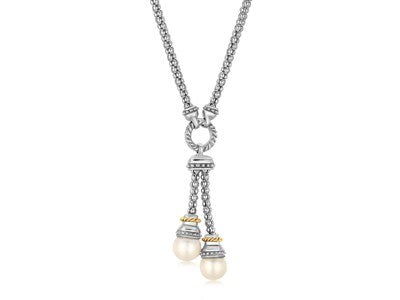 Pearl Lariat Motif Popcorn Necklace in 18k Yellow Gold and Sterling Silver