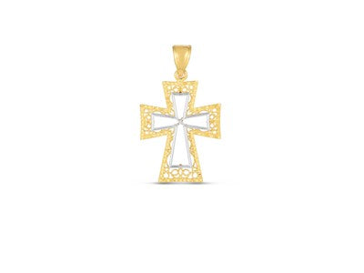 14k Two Tone Gold High Polished Diamond Cut Cross Pendant