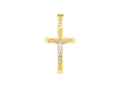 14k Two Tone Gold Textured Diamond Cut Cross Pendant