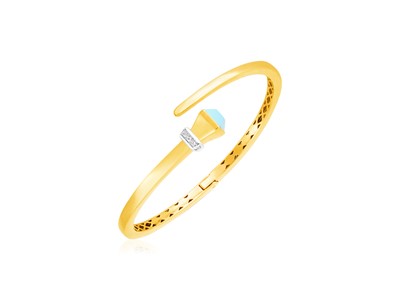 14k Yellow Gold Crossover Hinged Bangle with Turquoise and Diamonds