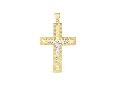 14k Two Tone Gold Polished Diamond Cut Cross Pendant